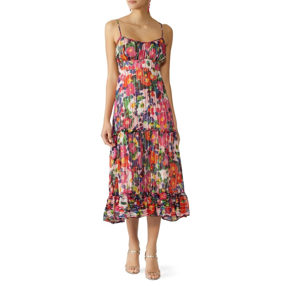 Saloni Silk Floral Metallic Striped Tiered Midi Dress Multi Color Womens Size 6